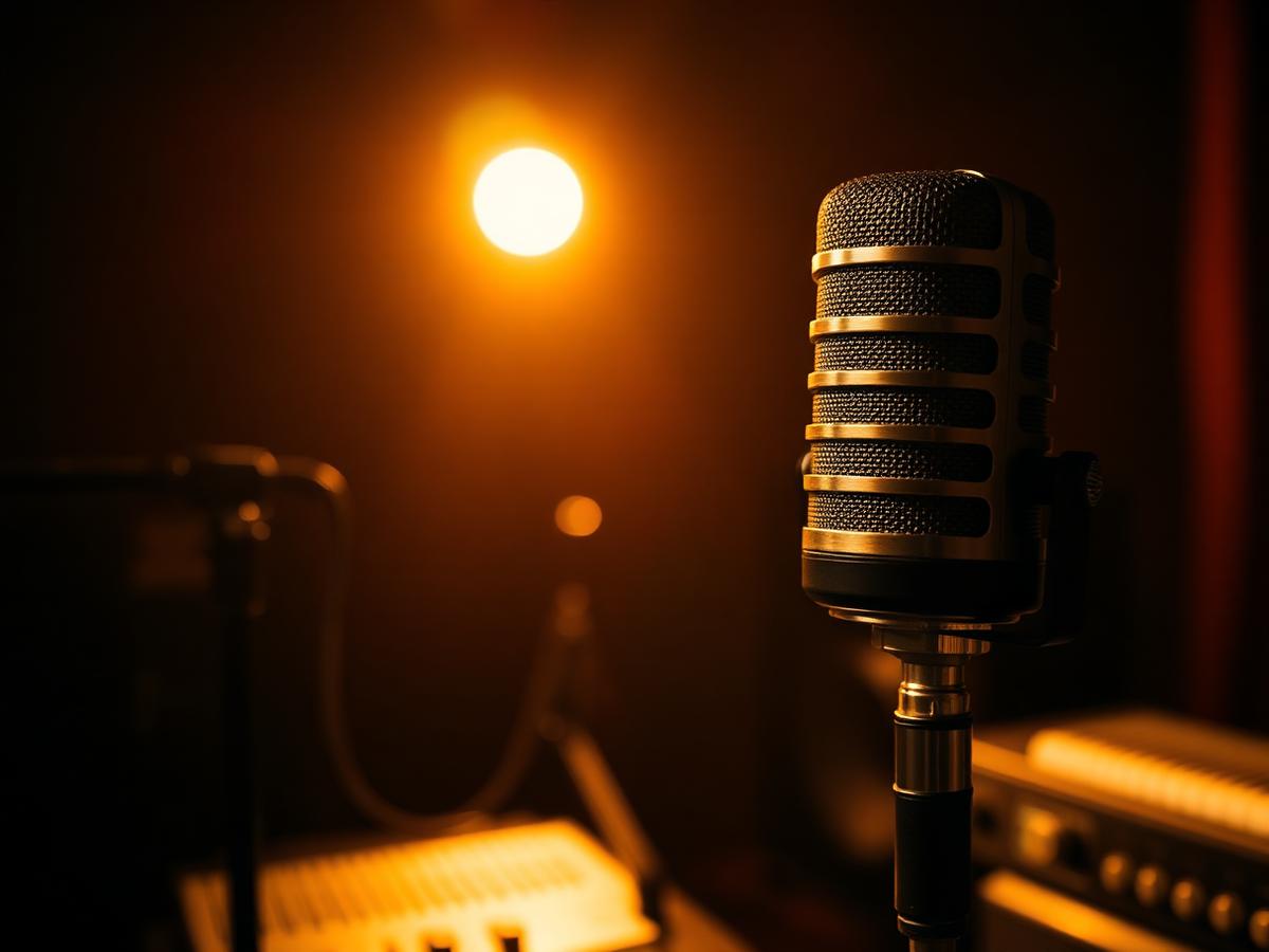 Studio session — microphone and console under warm light.